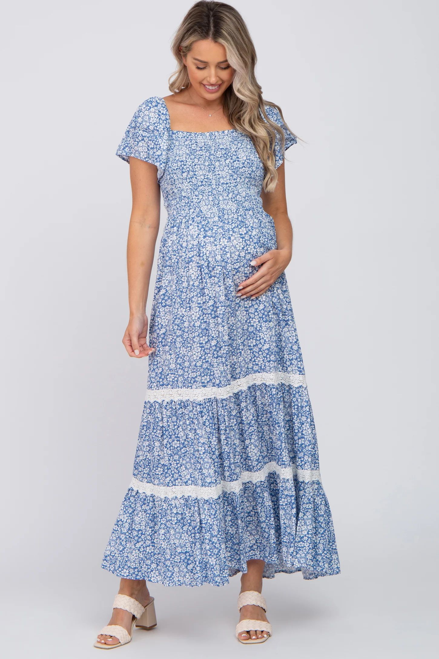 Blue Floral Square Neck Smocked Front Lace Trim Maternity Maxi Dress | PinkBlush Maternity