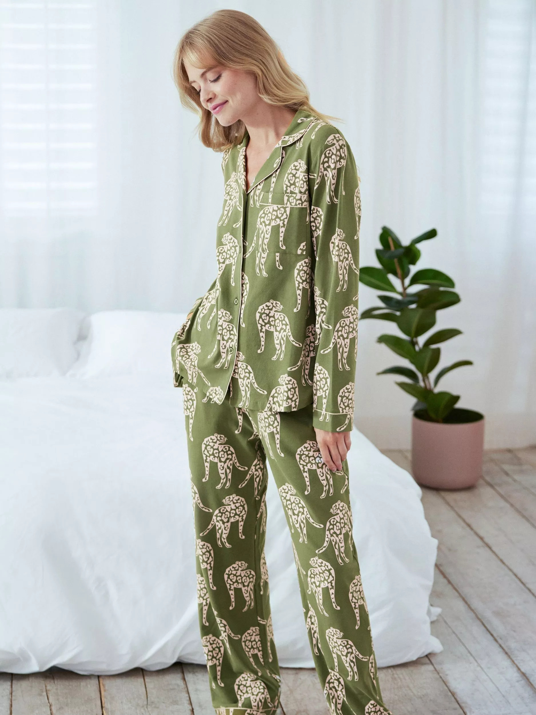 Chelsea PeersZebras Jacquard Satin Shirt Long Pyjama Set, Green | John Lewis (UK)