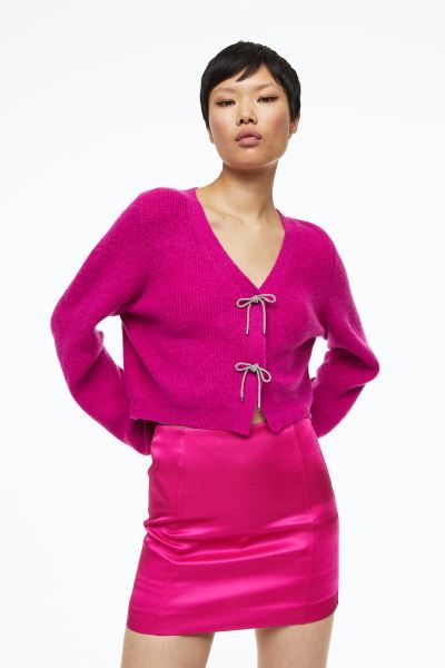 Rhinestone-bow Rib-knit Cardigan | H&M (US)