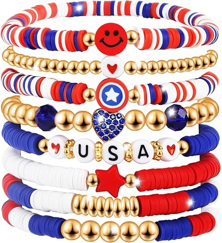 4th of July Outfits for Women- Red White and Blue Bracelets Stackable Beaded Stretchable USA Patr... | Amazon (US)