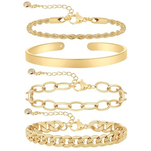 Gold/Silver Bracelets for Women Stack, 14K Gold Plated Bangle Anklets for women Non Tarnish - Stackable Tennis Paperclip Melon Seed Cuban Chain Herringbone Pack Gold Jewelry Gift for Women | Amazon (US)