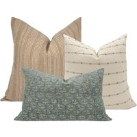Pillow Combo || Set Of Three Designer Pillow Covers, Brown Stripes, Cream & Rust Linen Greenish Blue Floral | Etsy (US)
