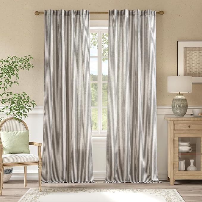 jinchan Linen Curtains Charcoal Grey on Beige Striped Curtains for Living Room Bedroom Ticking St... | Amazon (US)