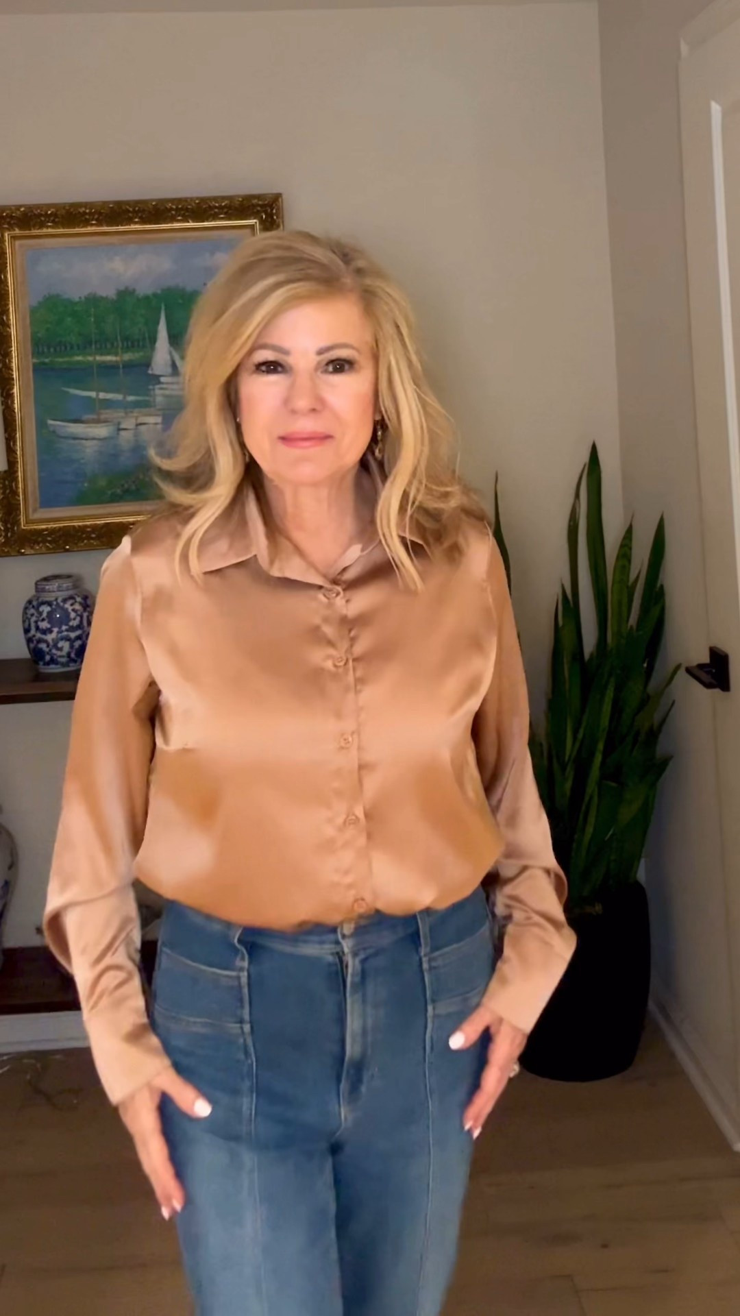 Luxurious Satin Blouse that instantly elevates! So affordable comes in so many pretty colors. Mine is Toffee is size medium which is TTS. Does not gap. #gifted

#LTKOver40 #LTKootd #LTKPetite