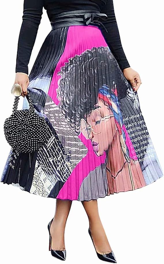 ThusFar Women's Graffiti Pleated Skirts Cartoon Printed Elastic Waist A-Line Swing Midi Skirt | Amazon (US)