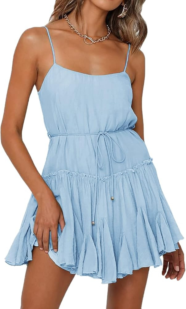 Onedreamer Women Summer Dress Spaghetti Strap Waist Tie Ruffle Mini A Line Flowy Tiered Short Dre... | Amazon (US)