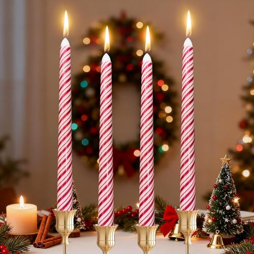 Bmobuo Christmas Decor - 4 Pcs Christmas Taper Candles Unscented Candy Cane Shaped - Home Table Centerpieces, Fireplace Decor (9.8 Inch) | Amazon (US)