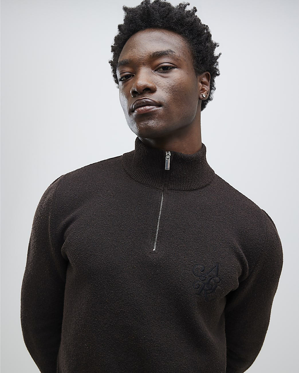 Brown Regular Fit Boucle Half Zip Jumpers | River Island UK & IE