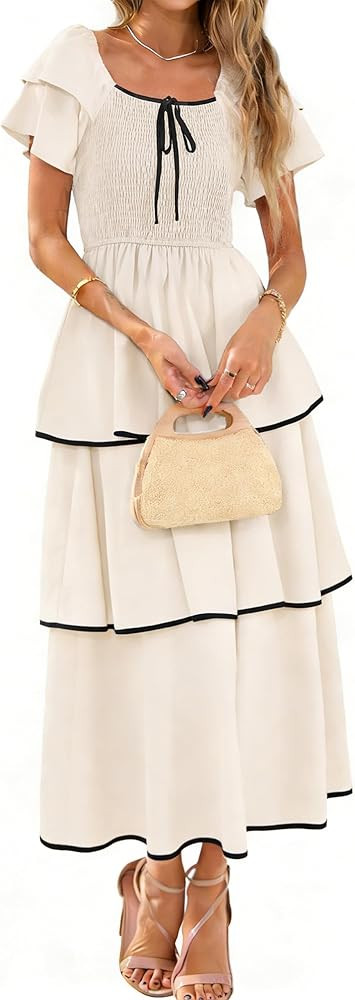 BerryGo Womens Summer Flowy Wedding Guest Maxi Dress Smocked Tiered Boho Casual Short Sleeve Squa... | Amazon (US)