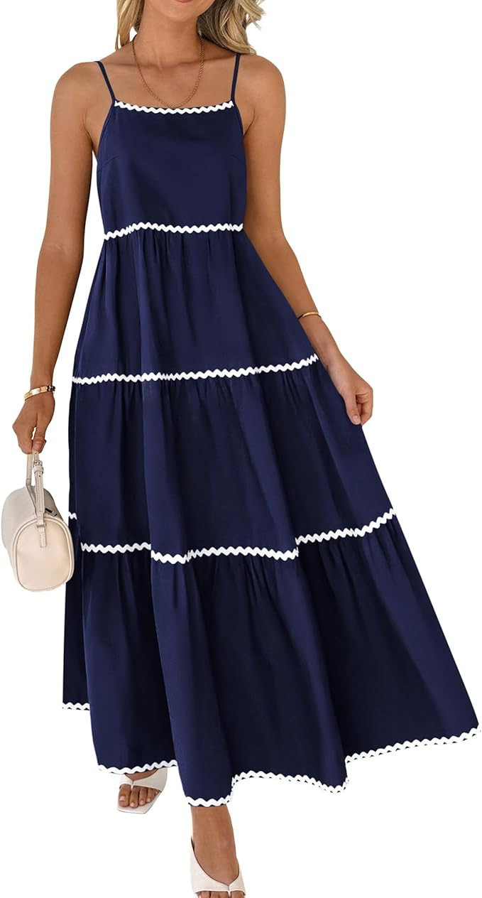 BTFBM Boho Summer Dresses 2024 Vacation Spaghetti Strap Backless RIC Rac Trim Tiered A-Line Long ... | Amazon (US)