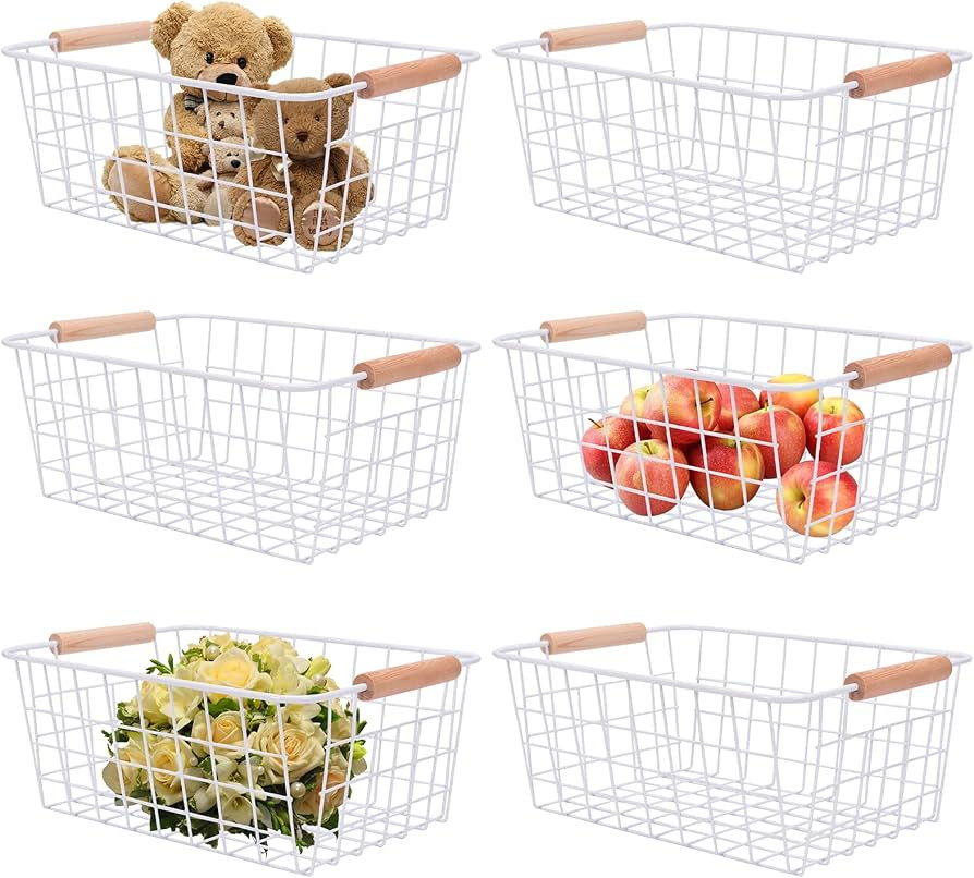 Panghuhu88 6Pcs White Wire Baskets Storage Baskets Metal Freezer Organizer bins with Wood Handles... | Amazon (US)