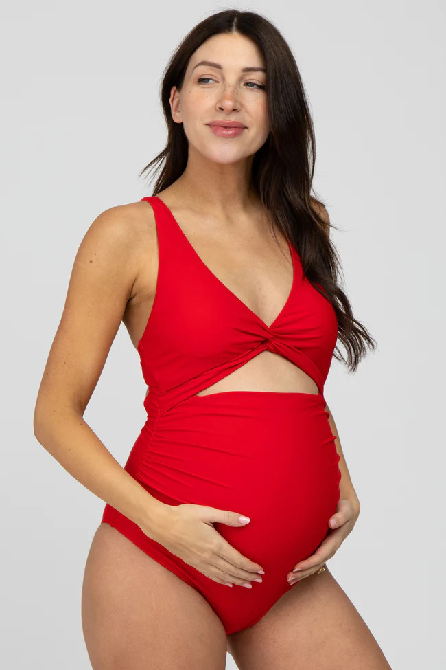 Black Ruched Sides Front Cutout Maternity One Piece Swimsuit | PinkBlush Maternity