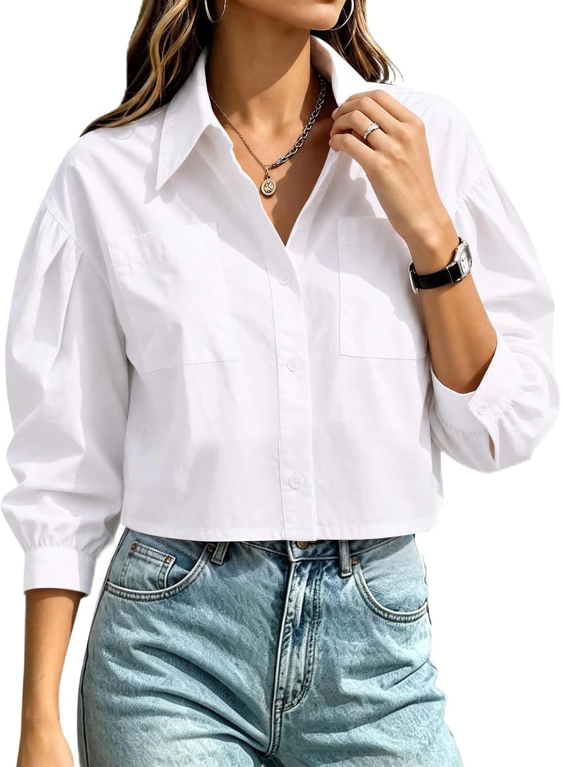 Remidoo Women's Cropped Button Down Shirt Puff Sleeve Blouse with Pocket | Amazon (US)
