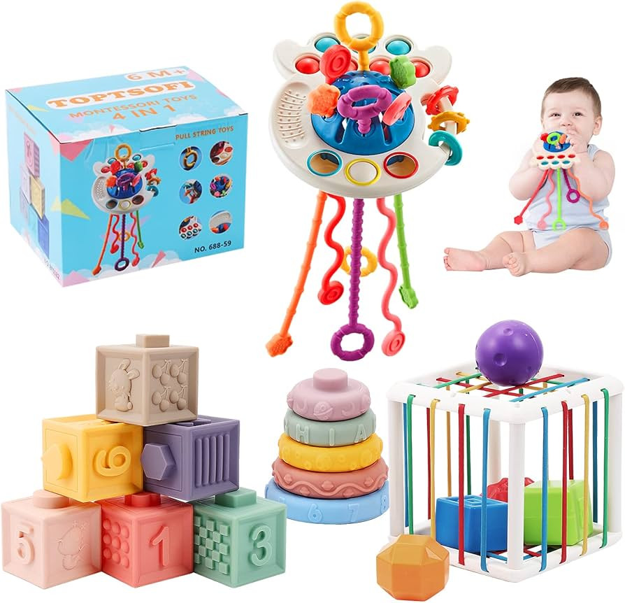 4 in 1 Baby Toys 6to12-18 Months, Pull String Baby Teething Toys, Stacking Building Blocks Infant... | Amazon (US)