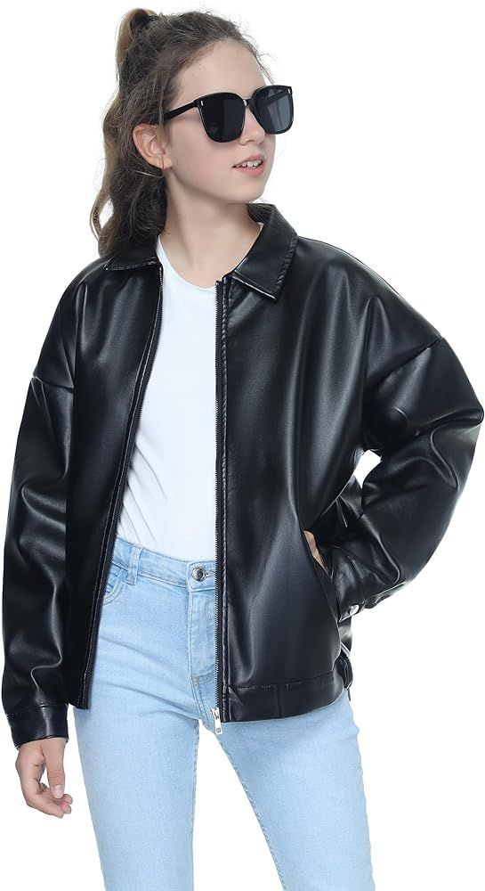 Mebius Girls Leather Jacket Kids Long Sleeve PU Faux Leather Pockets Youth Zip Up Outerwear Coats | Amazon (US)