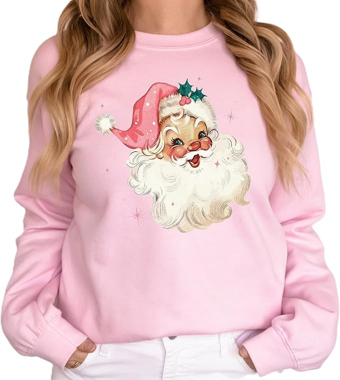 Retro Pink Vintage Santa Sweatshirt for Women - Cute Santa Claus Crewneck | Amazon (US)