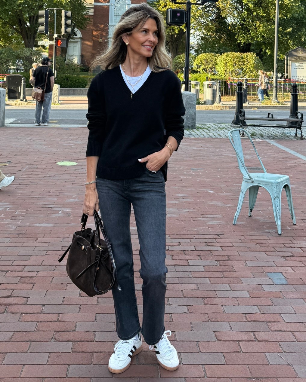 Quince jeans. I sized up 1 size I’m  5’6”
-Jenni Kayne sweater sz Small
-a favorite tshirt sz S
-suede bag
_adidas TTS. SO MUCH SUPPORT 

#LTKTravel #LTKSeasonal #LTKOver40