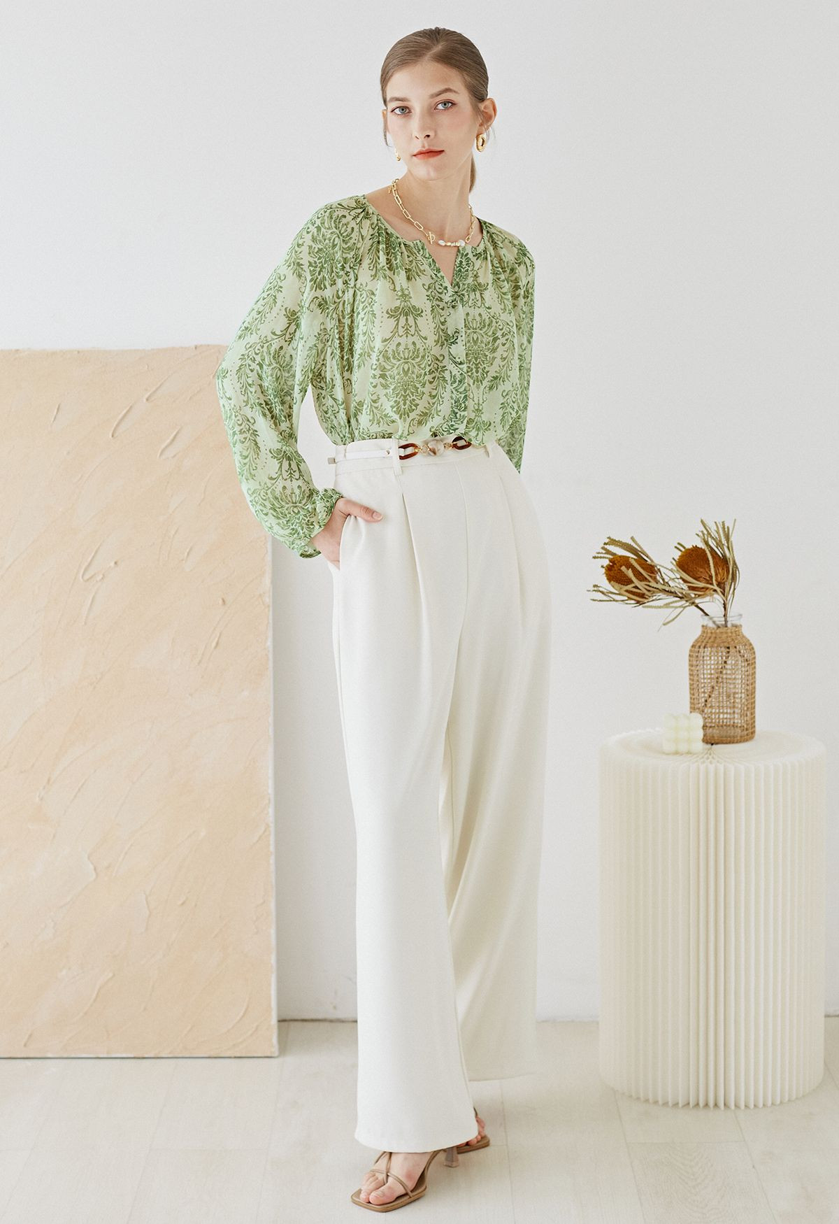 Pleat Front Wide-Leg Belted Pants in Ivory | Chicwish