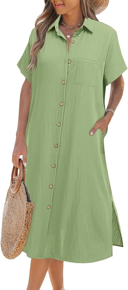 Zeagoo Womens Dress Summer Casual Short Sleeve Button Down Shirt Dress Beach Cover Up Dress with ... | Amazon (US)