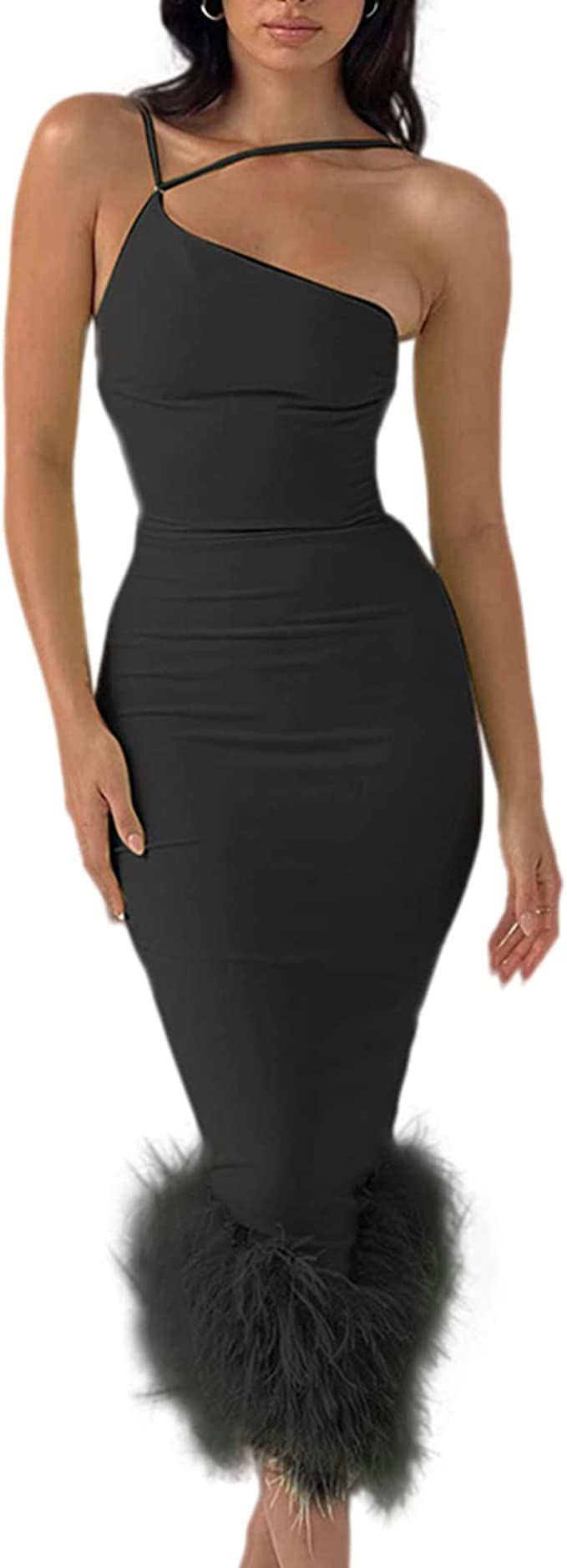 Womens Elegant One Shoulder Fluffy Hem Split Bandage Sleeveless Bodycon Long Dress Club Party Out... | Amazon (US)