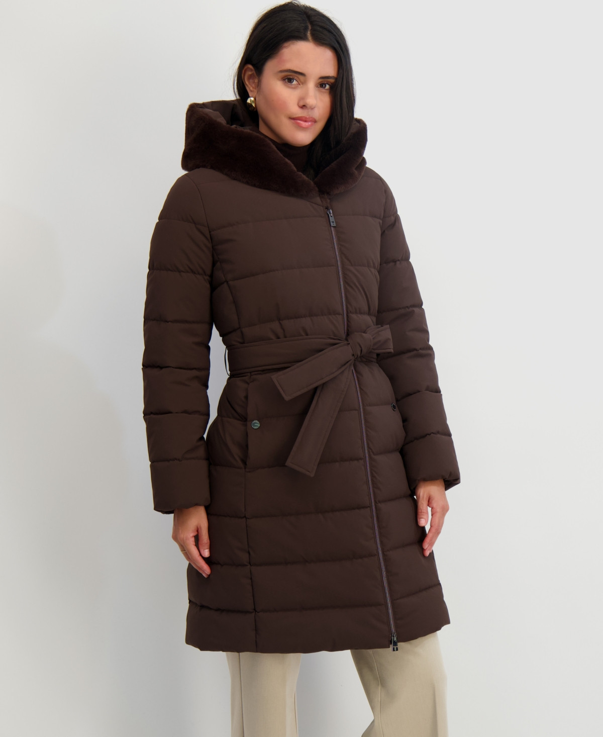 Tahari Women's Faux-Fur-Trim Hooded Belted Puffer Coat - Chocolate | Macy's