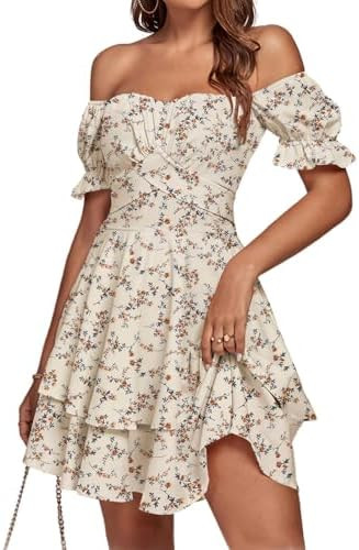 LYANER Women's Tie Back Off Shoulder Wrap Layer Ruffle A Line Short Sleeve Casual Mini Dress | Amazon (US)