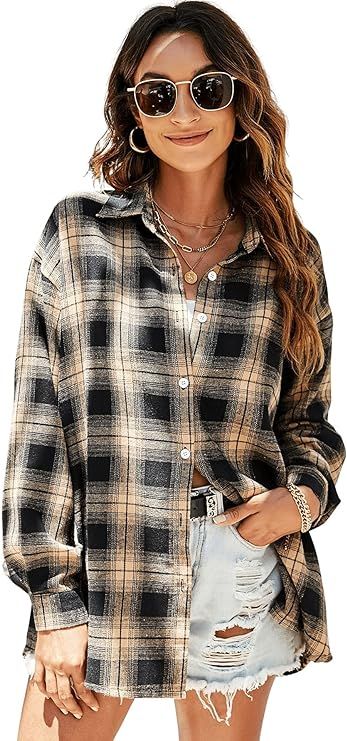 SweatyRocks Women's Long Sleeve Collar Long Button Down Plaid Shirt Blouse Tops | Amazon (US)