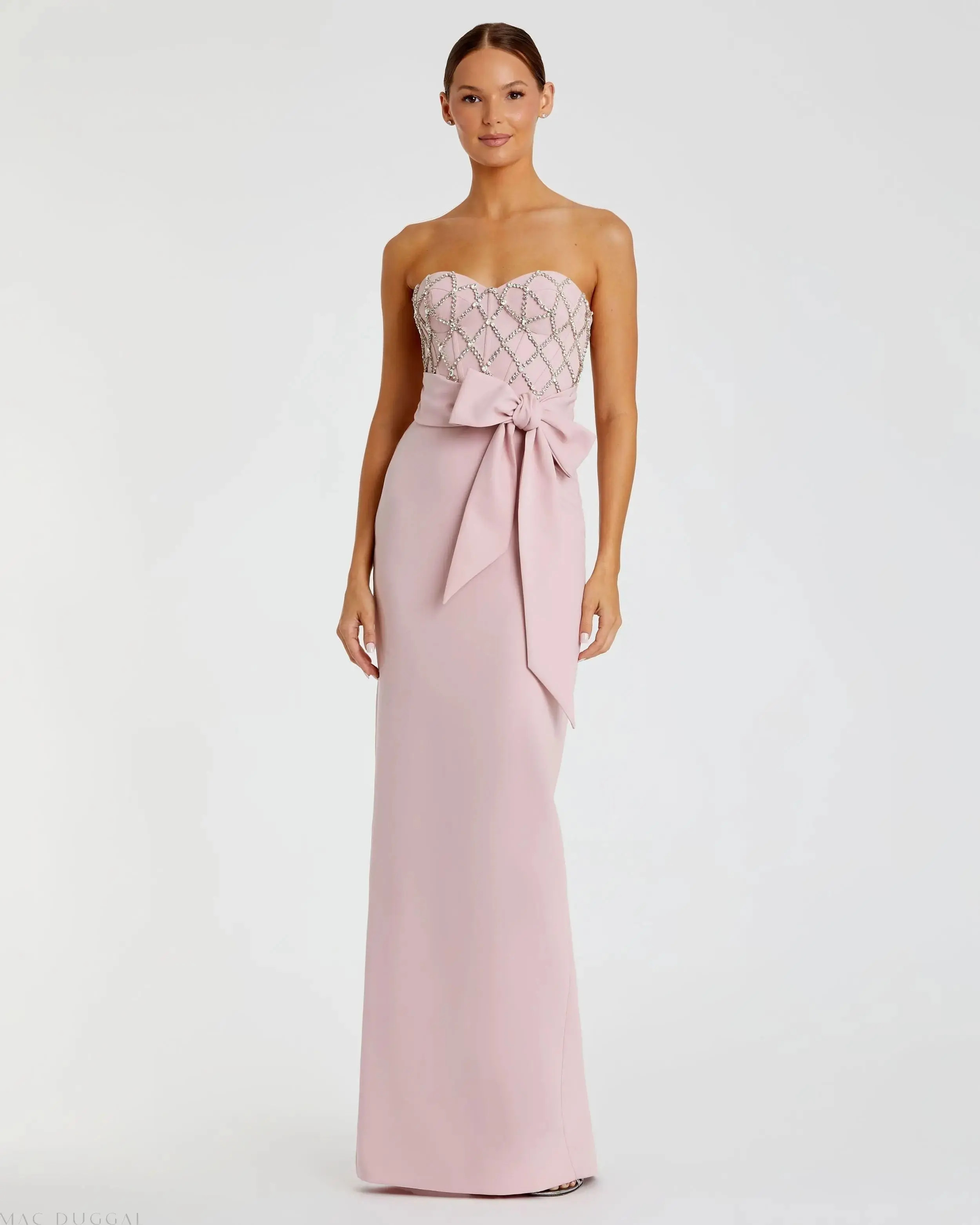 Pink Embellished Strapless Bustier With Bow Crepe Gown | Mac Duggal | Mac Duggal