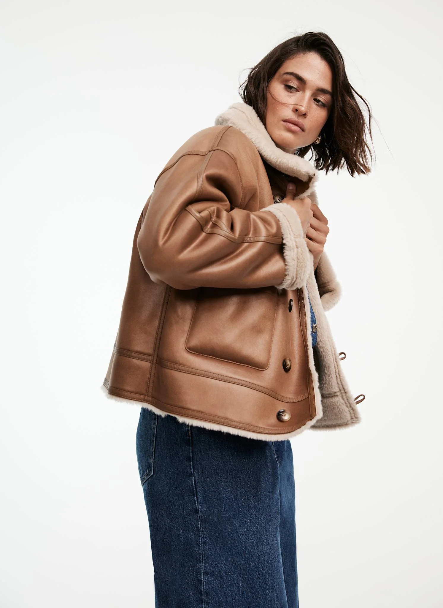 Cream Reversible Funnel Neck Borg Jacket | Mint Velvet