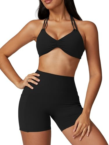 ABOCIW Workout Sets for Women 2 Piece Yoga Outfits Halter Neck Sports Bra V Back Scrunch Butt High Waist Biker Shorts with Pocket Gym Matching Sets Black Medium | Amazon (US)