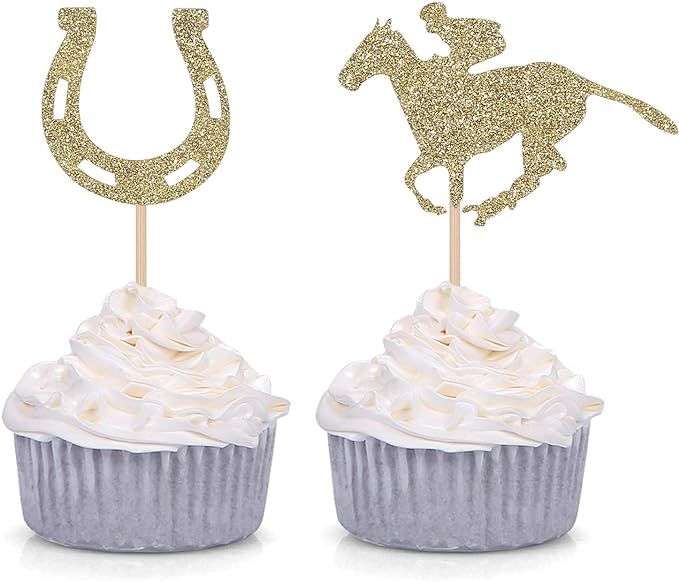 24 Kentucky Derby Cupcake Toppers Equestrian Horse Theme Party Picks Gold Glitter Party Supply | Amazon (US)