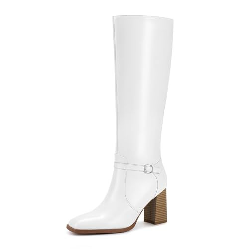 wetkiss White Knee High Boots Women Chunky Boots for Women High Heel Boots for Women Square Toe Boots White Gogo Boots Womens Block Heel Boots White Boots Leather Boots for Women Elastic Boots | Amazon (US)