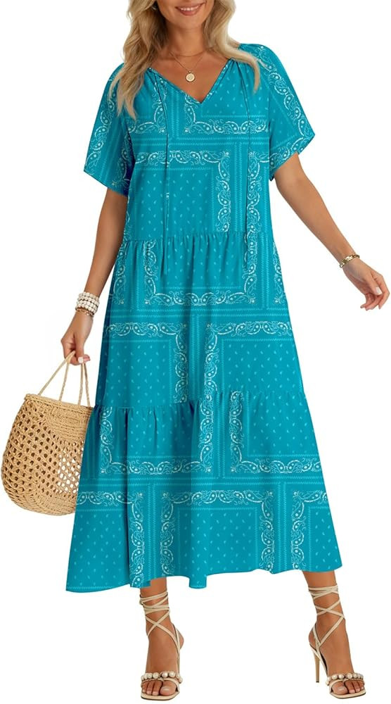 Yousify Womens 2026 Summer Maxi Dresses Short Sleeve Boho Beach Shirt Dresses Loose Vacation Outf... | Amazon (US)