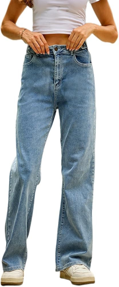 Baggy Wide Leg Jeans for Women - Elastic High Waisted Stretchy Tummy Control Boyfriend Denim Pant... | Amazon (US)