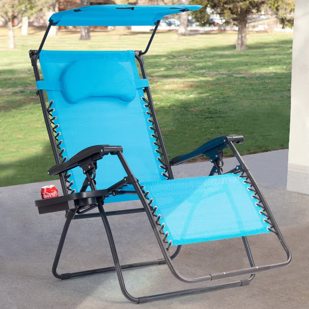 Costway Folding Recliner Zero Gravity Lounge Chair W/ Shade Canopy Cup Holder Blue | Target