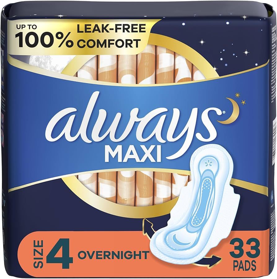 Always Maxi Pads Size 4 Overnight Absorbency Unscented with Wings, 33 Count | Amazon (US)