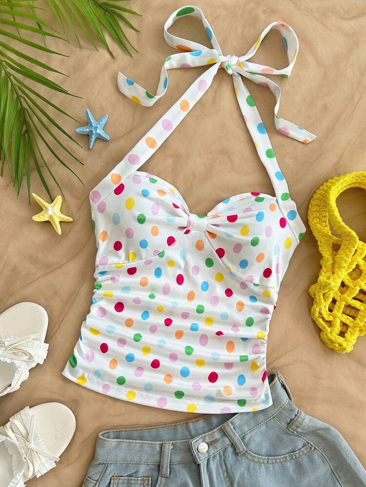 Soleia Women's Colorful Polka Dot Print Halter Neck Top, Summer Vacation White Polka Dot Top Colo... | SHEIN