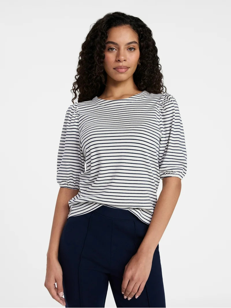 Time and Tru Women's Cotton Crewneck Tee with Puff Sleeves, Sizes XS-XXXL | Walmart (US)
