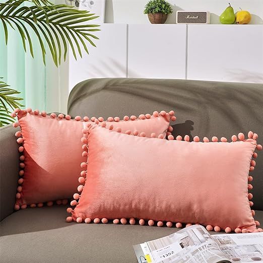 Top Finel Decorative Throw Pillow Covers with Pom Poms Soft Particles Velvet Solid Cushion Covers... | Amazon (US)