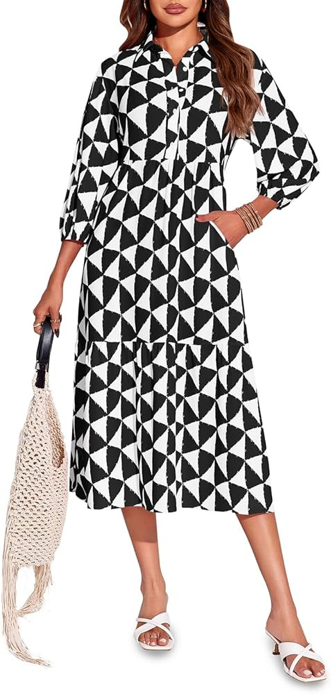 Wenrine Womens Boho Midi Dress Long Sleeve Casual Color Block Beach Button Down Shirt Dress | Amazon (US)