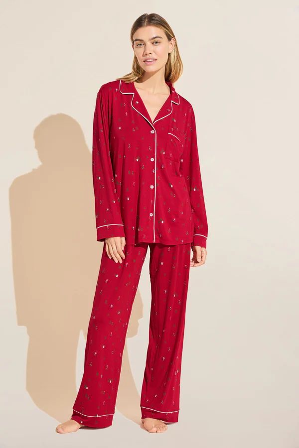 Gisele Printed TENCEL™ Modal Long PJ Set - Apres Ski Haute Red/Ivory | Eberjey