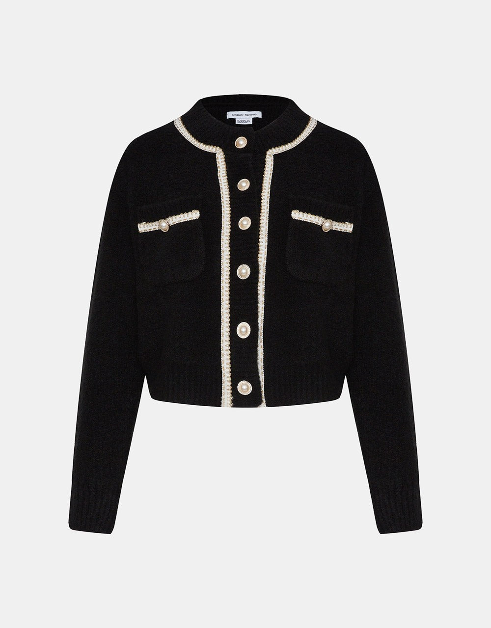 Contrast Trim Faux Pearl Button Green Cardigan | Urban Revivo