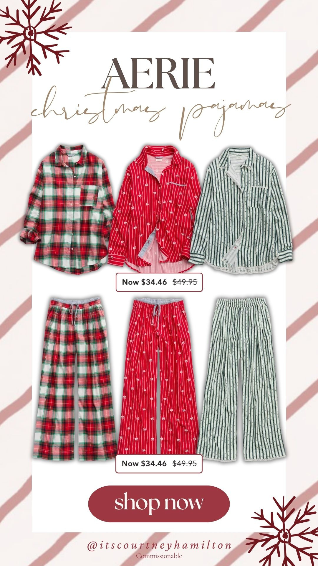 Christmas Pajamas from Aerie! Both the tops and bottoms are on sale right now for $34.46!!

sale alert, watchnow, finds under 50, american eagle, loungewear, gift inspo, gifts for her, new arrivals, courtney hamilton 

 #LTKHoliday #LTKSeasonal #LTKSaleAlert