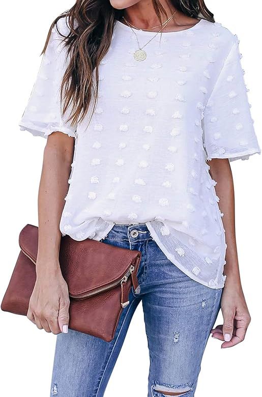 Womens Chiffon Blouse Summer Casual Round Neck Short Sleeve Pom Pom Shirts Tops | Amazon (US)