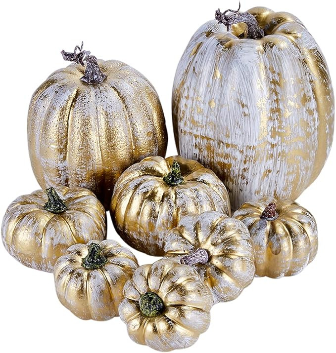 Artmag 8 Pcs Assorted Sizes Harvest Gold Artificial Pumpkins for Fall Halloween Thanksgiving Deco... | Amazon (US)
