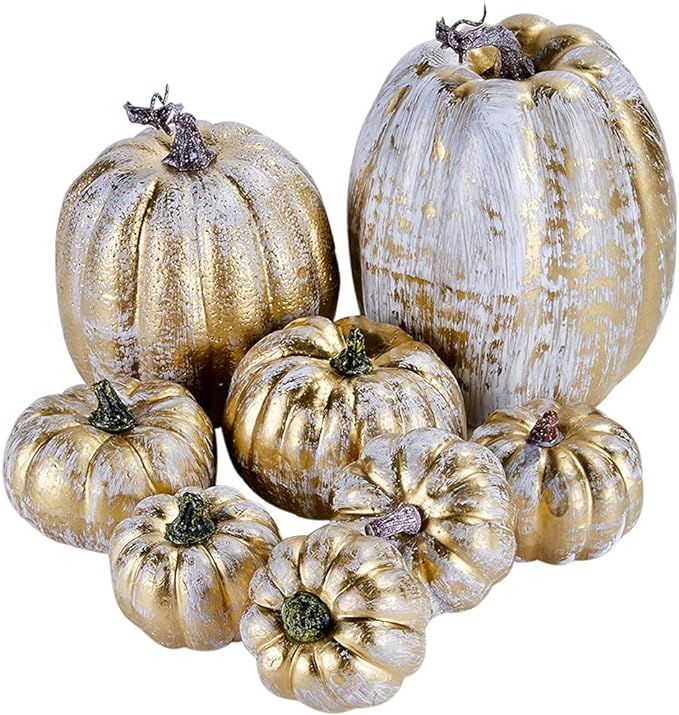 Artmag 8 Pcs Assorted Sizes Harvest Gold Artificial Pumpkins for Fall Halloween Thanksgiving Deco... | Amazon (US)