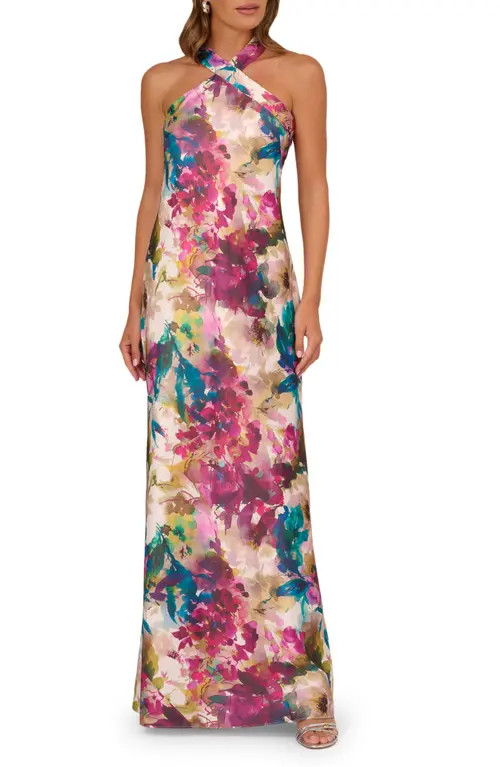Adrianna Papell Floral Print Sleeveless Satin Gown in Pink Multi at Nordstrom, Size 18 | Nordstrom