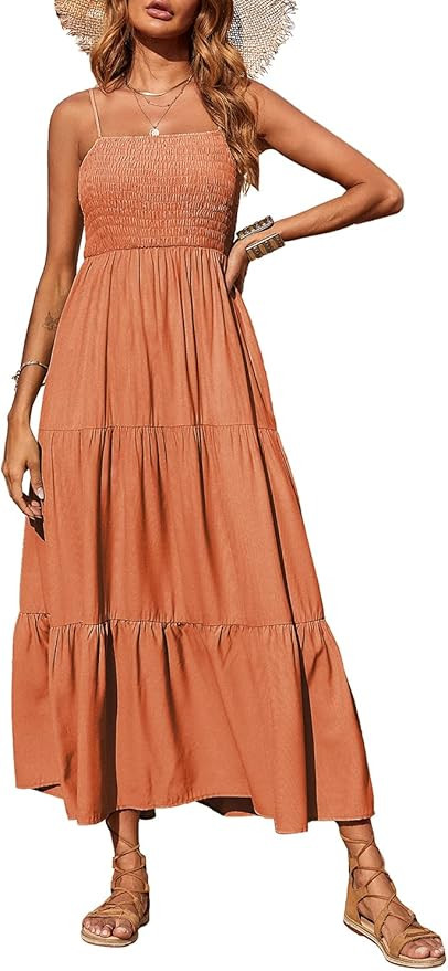 PRETTYGARDEN Women's Summer Maxi Dress Casual Boho Sleeveless Spaghetti Strap Smocked Tiered Long... | Amazon (US)