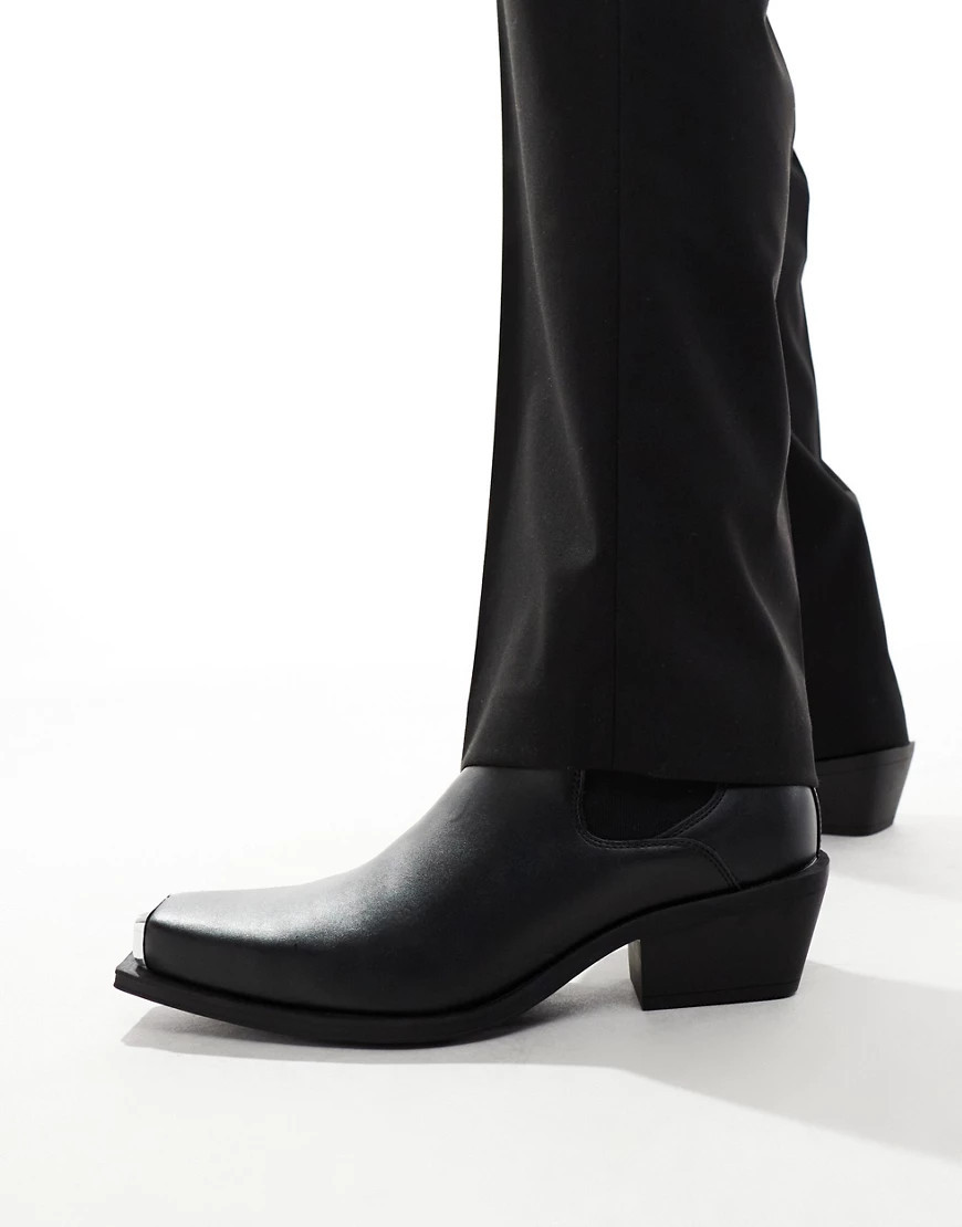 ASOS DESIGN cuban heel western chelsea boots in black faux leather with silver toe cap | ASOS (Global)