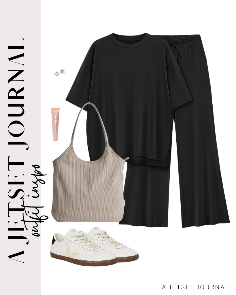 This black 2-piece lounge set is our last outfit. You can pair it with Veja Panenka sneakers and a stylish BAGSMART corduroy tote bag. Finish the fit with these stud earrings from PAVOI.

#LTKSeasonal #LTKSaleAlert #LTKTravel
 

 